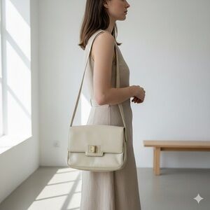 Vintage Gucci cream beige leather shoulder bag with gold GG turnlock closure